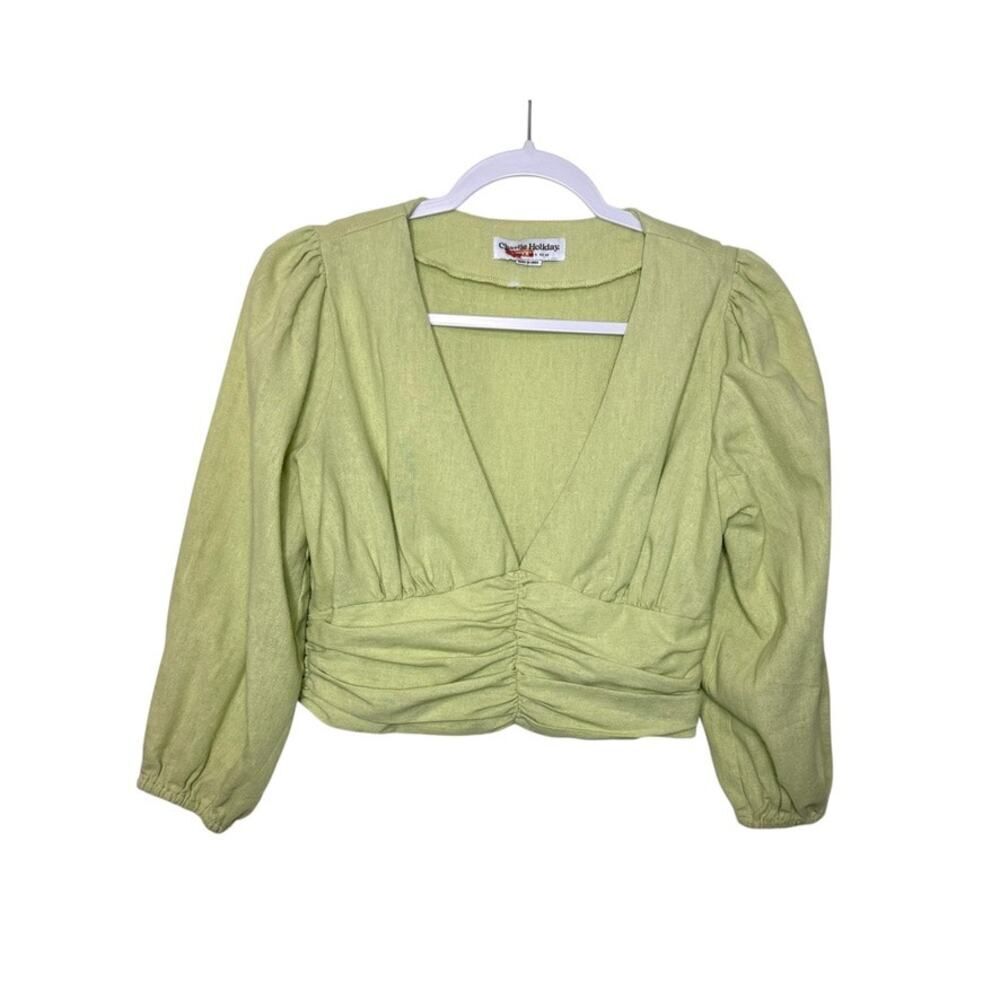 Charlie Holiday Cropped V Neck Balloon Sleeve Blouse Women 4 Green Boho Casual